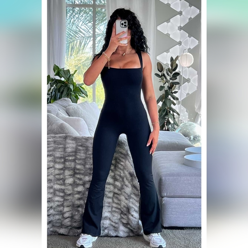 New, QINSEN Jumpsuits for Women Square Neck Wide Leg Full Length Romper Playsuit